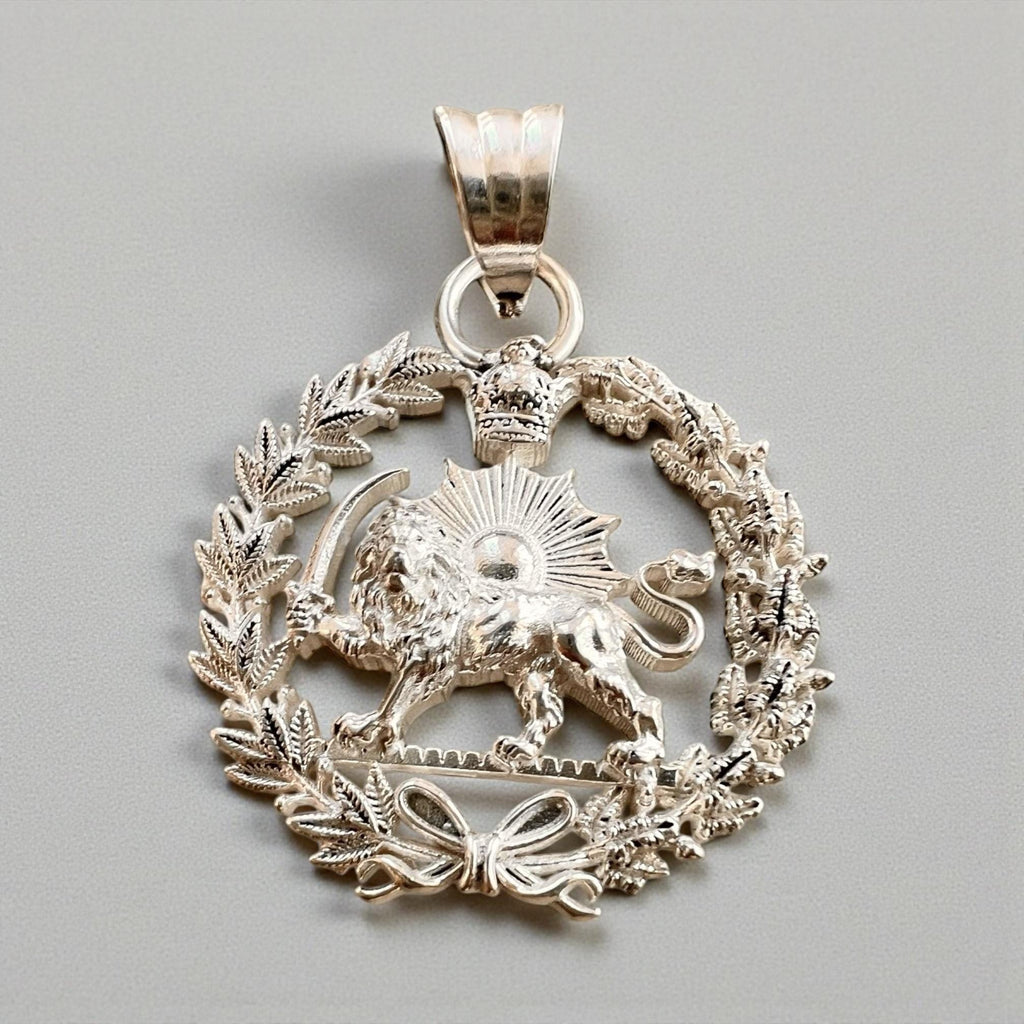 22k Gold Plaited Imperial Pahlavi Lion & Sun Pendant: 925 Silver Farvahar Necklace Persia Farsi Persian