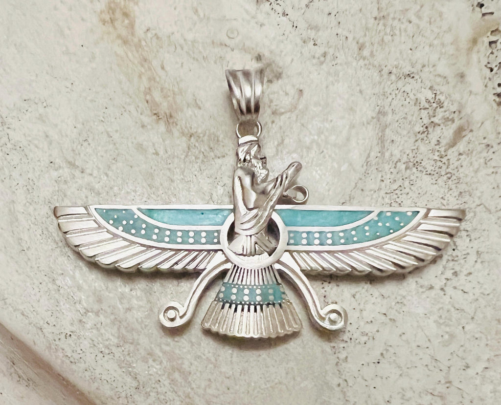 22K Gold Plated Farvahar Turquoise Pendant 925 Silver Necklace Ancient Persian Farsi Zoroastrian MiddleEast