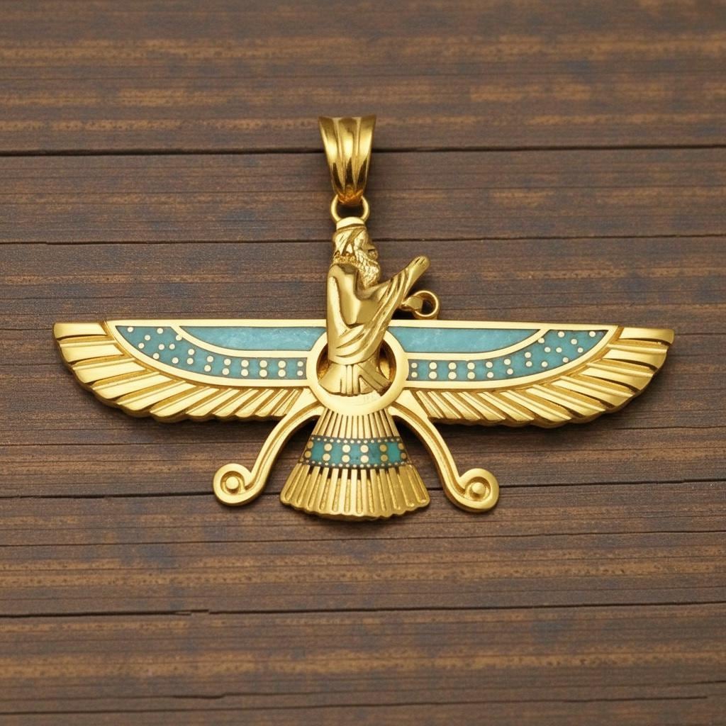 22K Gold Plated Farvahar Turquoise Pendant 925 Silver Necklace Ancient Persian Farsi Zoroastrian MiddleEast