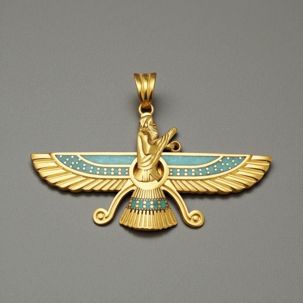 22K Gold Plated Farvahar Turquoise Pendant 925 Silver Necklace Ancient Persian Farsi Zoroastrian MiddleEast