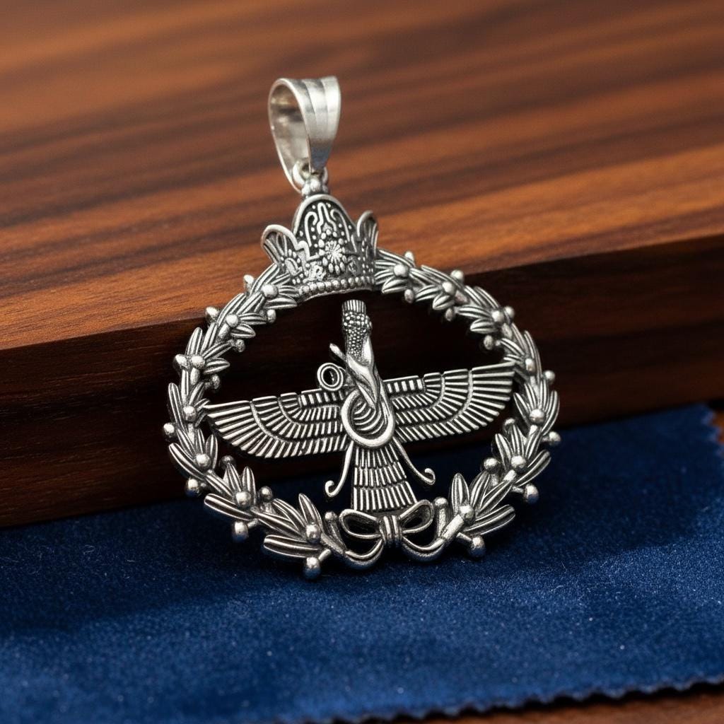 Imperial Crown Farvahar Pendant 925 Silver Necklace Ancient Persian Farsi Zoroastrian