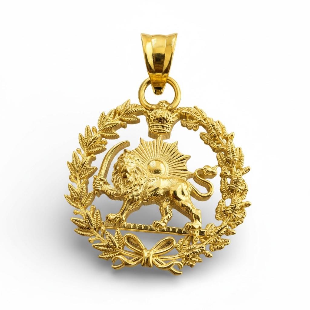22k Gold Plaited Imperial Pahlavi Lion & Sun Pendant: 925 Silver Farvahar Necklace Persia Farsi Persian