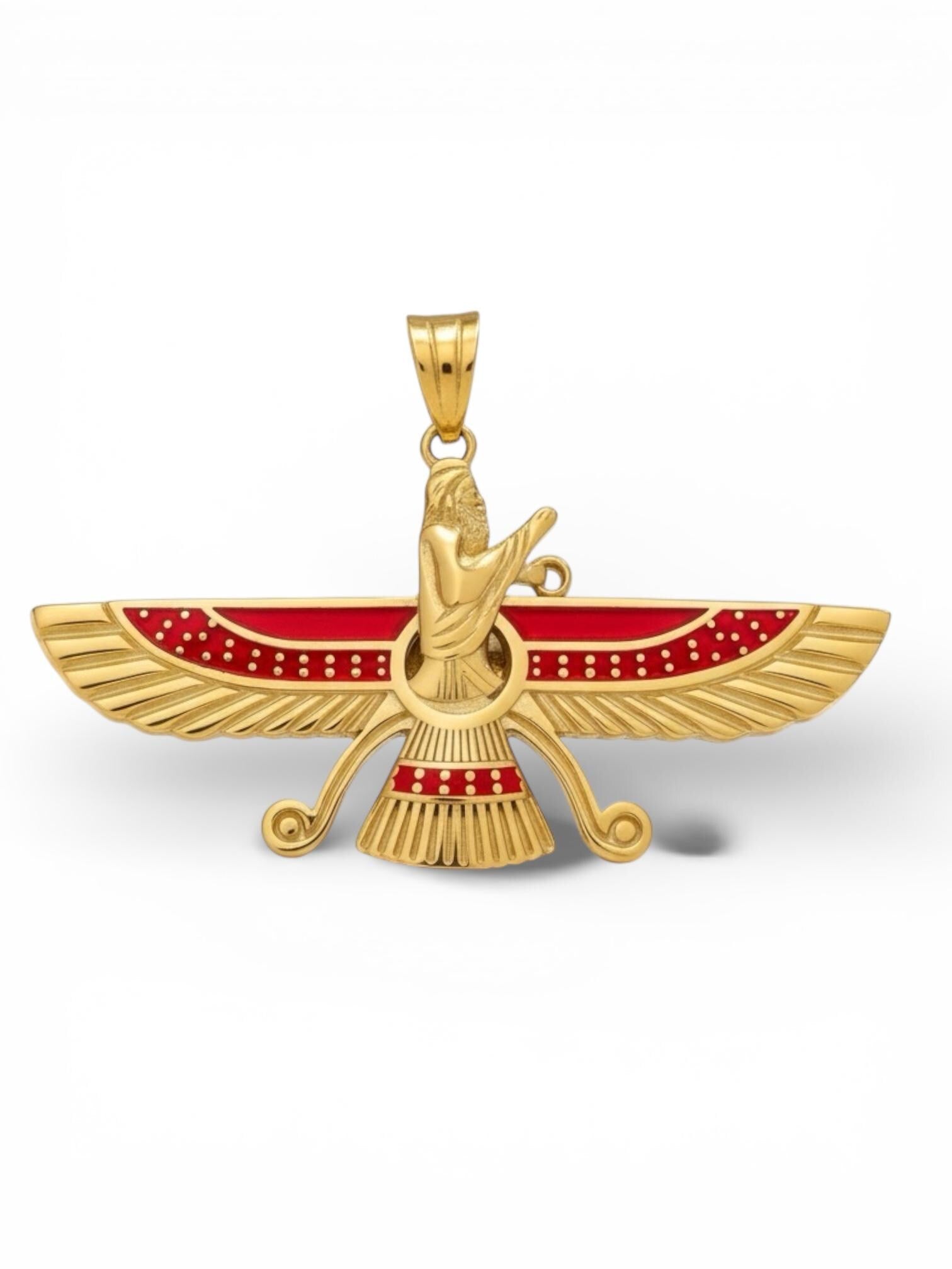 22K Gold Plated Farvahar Red Pendant 925 Silver Necklace Ancient Persian Farsi Zoroastrian MiddleEast
