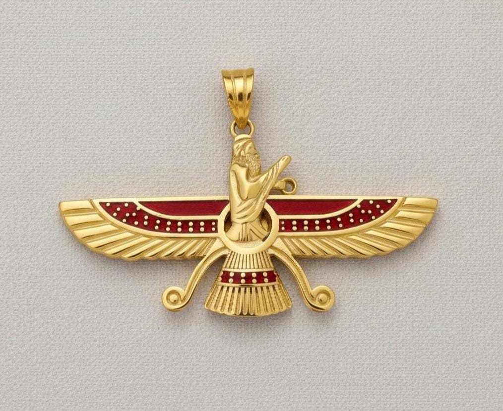 22K Gold Plated Farvahar Red Pendant 925 Silver Necklace Ancient Persian Farsi Zoroastrian MiddleEast