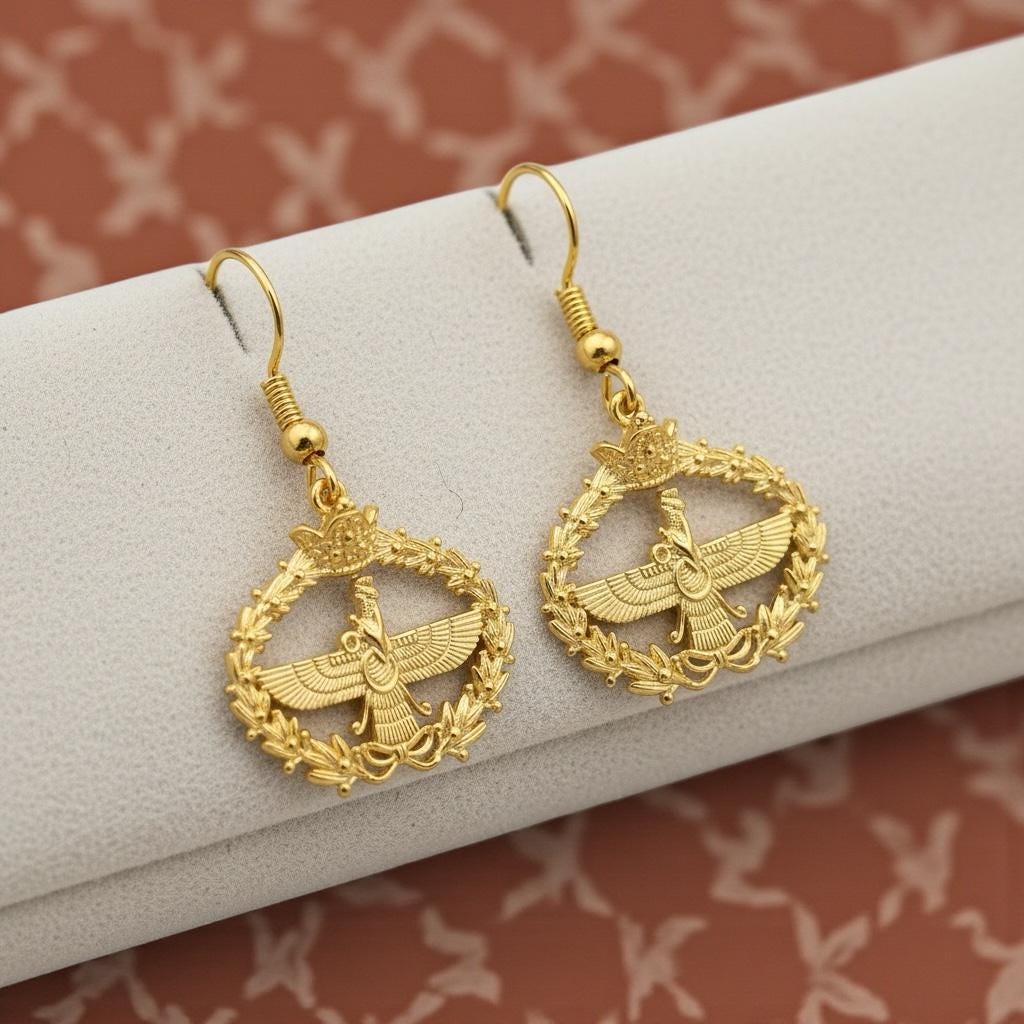 22K Gold Plated Silver Farvahar Earrings, Persian Persia Zoroastrian Pahlavi Crown
