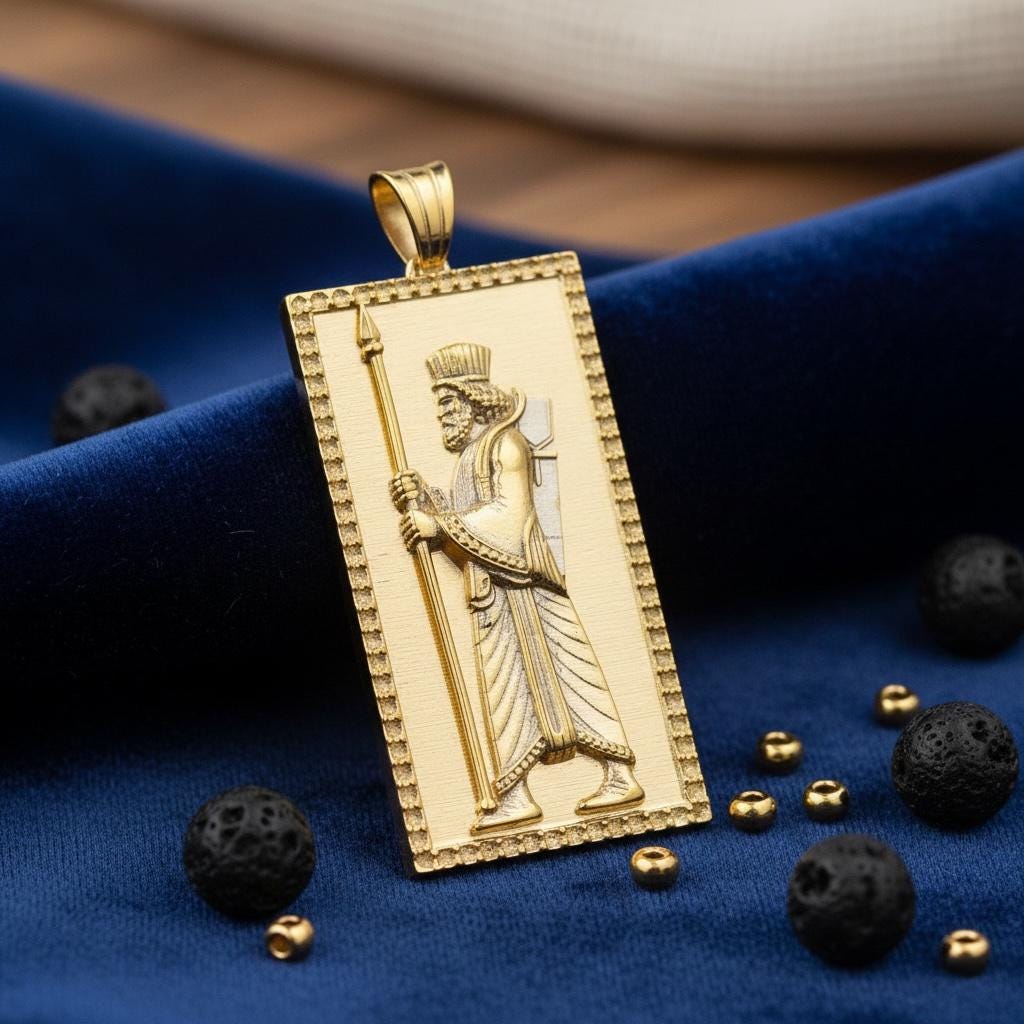 Pahlavi Persian Jewelry 22K Gold Plated Farvahar & Achaemenid Soldier 925 Silver,Farsi
