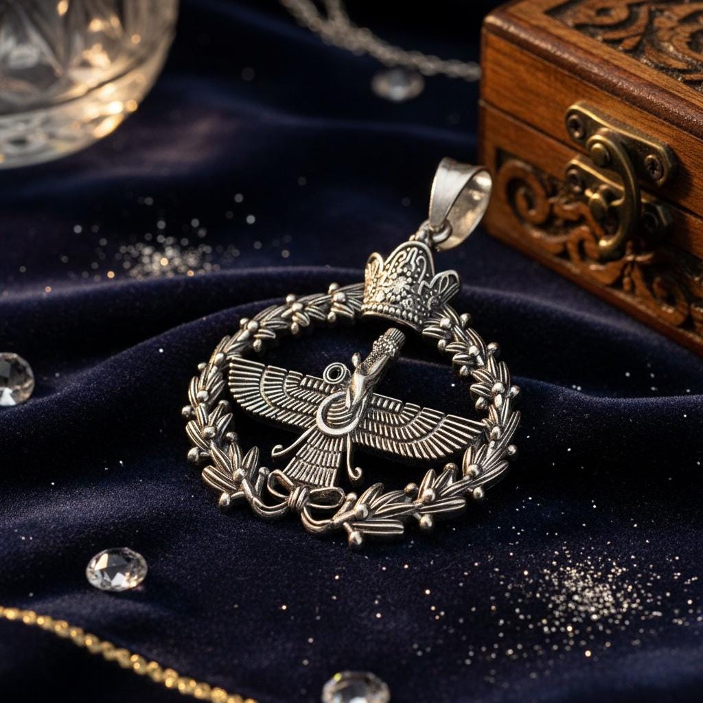 Imperial Crown Farvahar Pendant 925 Silver Necklace Ancient Persian Farsi Zoroastrian