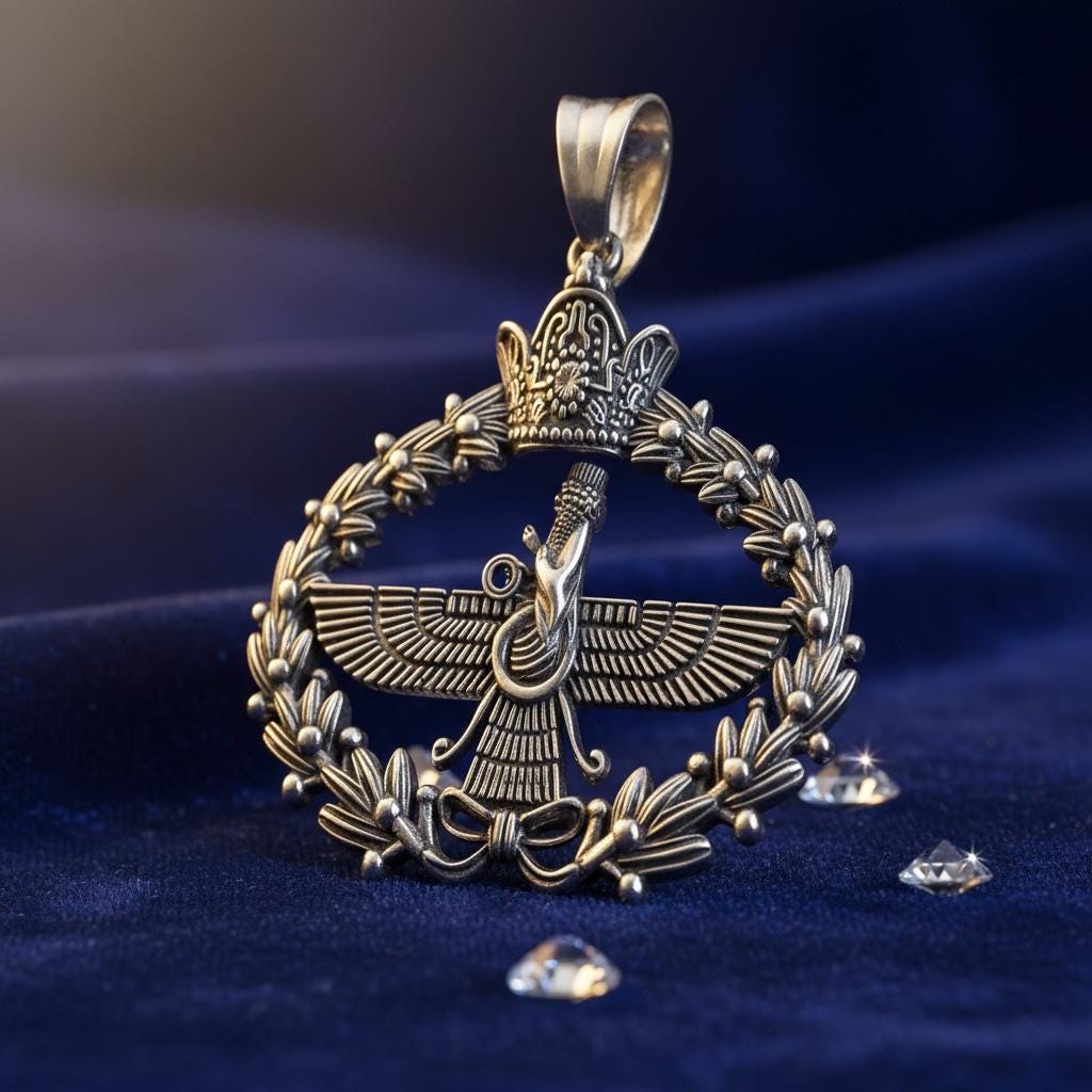 Imperial Crown Farvahar Pendant 925 Silver Necklace Ancient Persian Farsi Zoroastrian