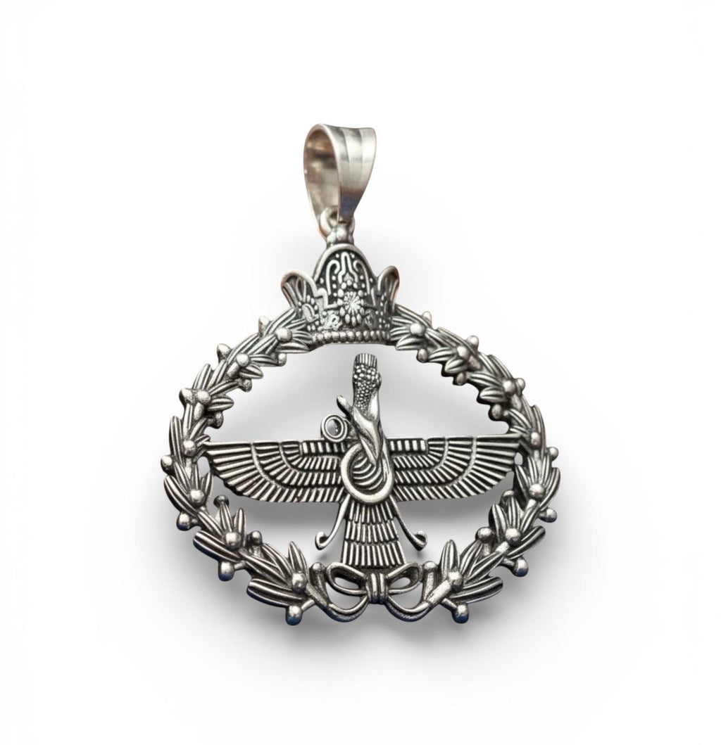 Imperial Crown Farvahar Pendant 925 Silver Necklace Ancient Persian Farsi Zoroastrian