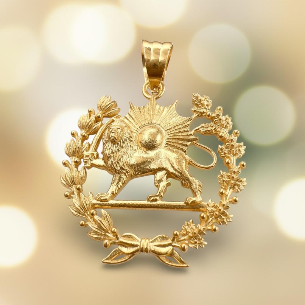 22k Gold Plaited Pahlavi Lion & Sun Pendant: 925 Silver Farvahar Pendant, Made in Turkey