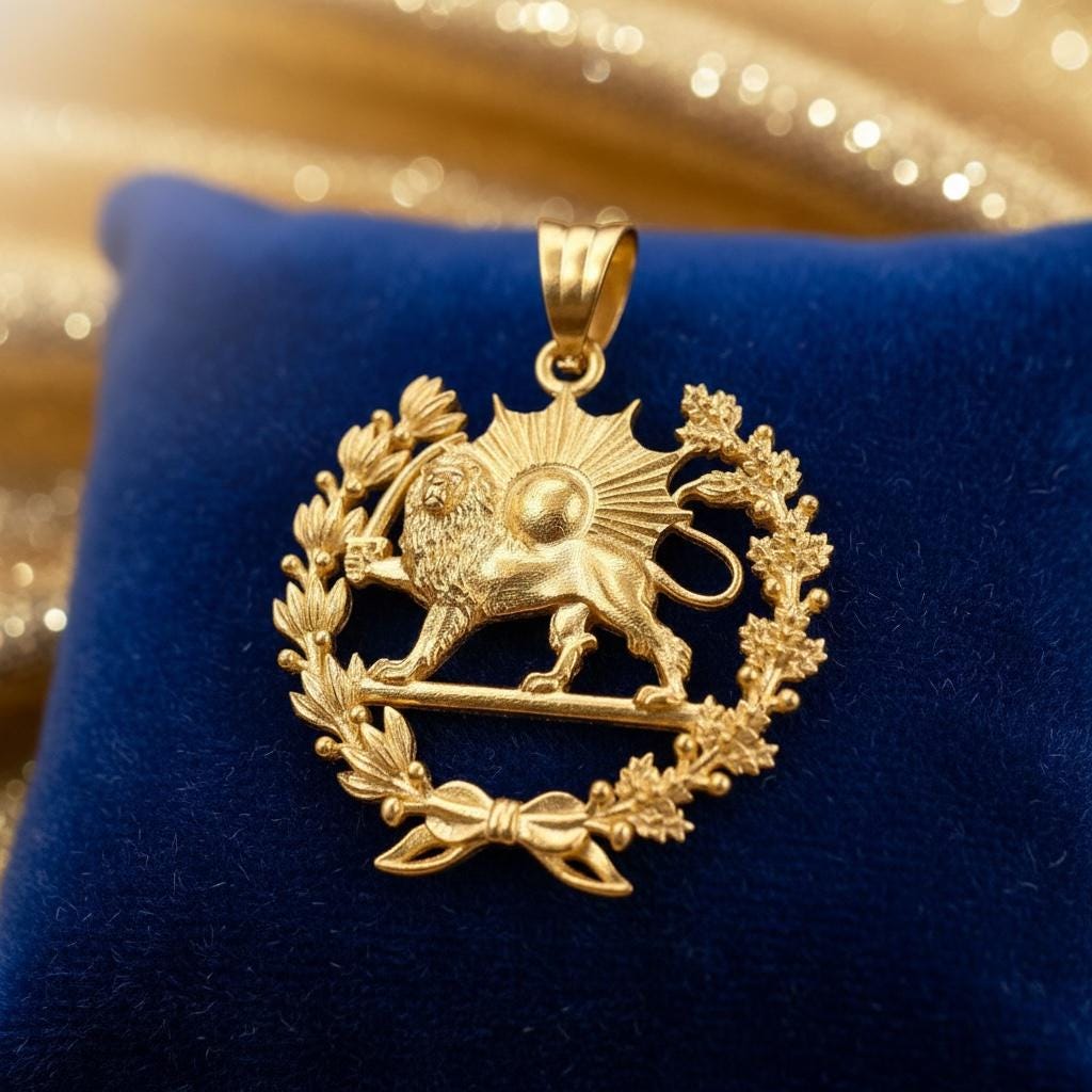 22k Gold Plaited Pahlavi Lion & Sun Pendant: 925 Silver Farvahar Pendant, Made in Turkey