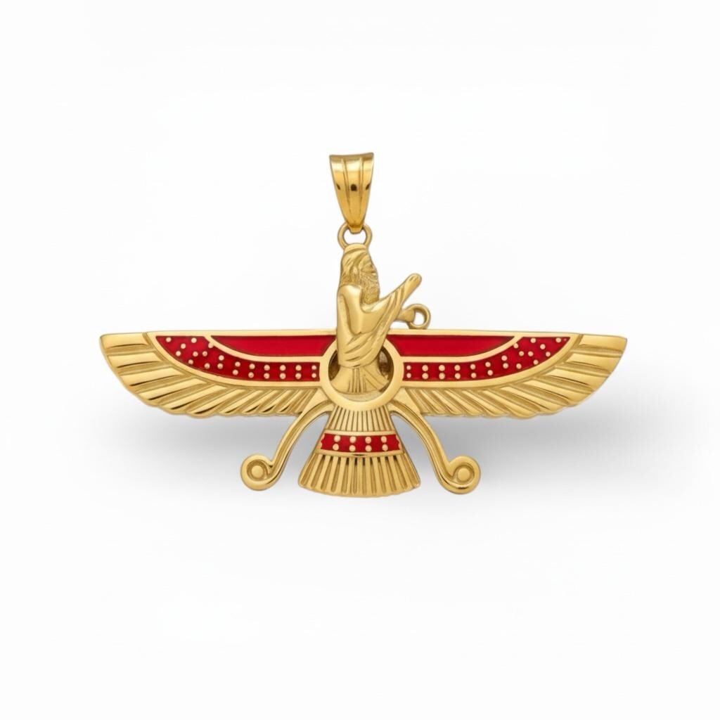 22K Gold Plated Farvahar Red Pendant 925 Silver Necklace Ancient Persian Farsi Zoroastrian MiddleEast