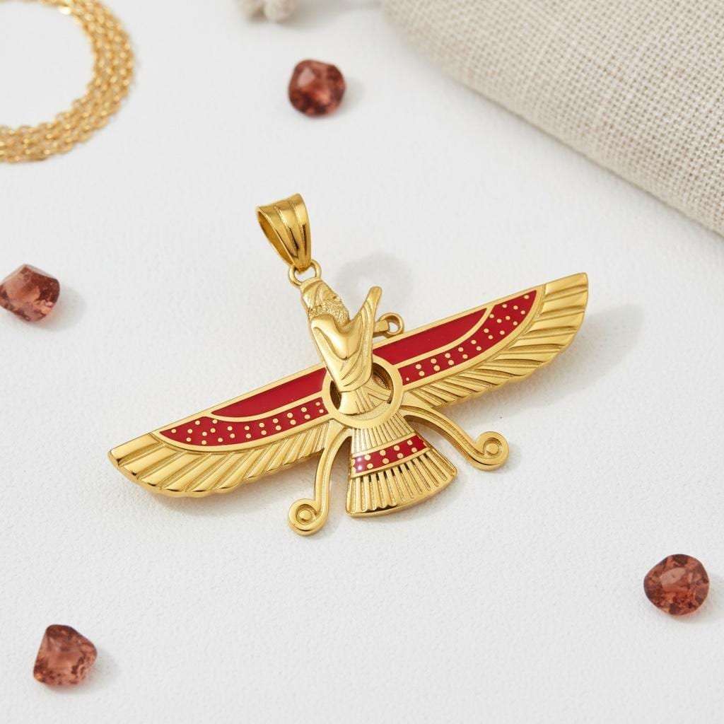 22K Gold Plated Farvahar Red Pendant 925 Silver Necklace Ancient Persian Farsi Zoroastrian MiddleEast