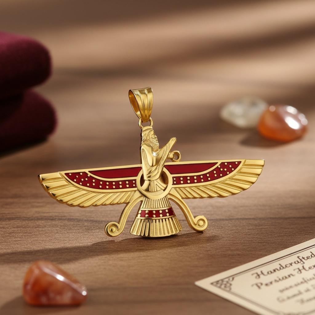 22K Gold Plated Farvahar Red Pendant 925 Silver Necklace Ancient Persian Farsi Zoroastrian MiddleEast