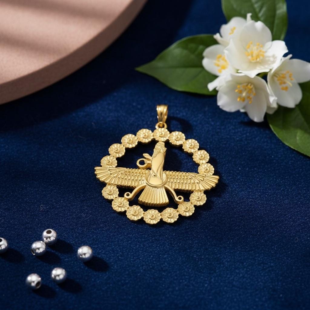 22K Gold Plated Farvahar Pendant on 925 Silver Necklace Ancient Persian Farsi Zoroastrian MiddleEast