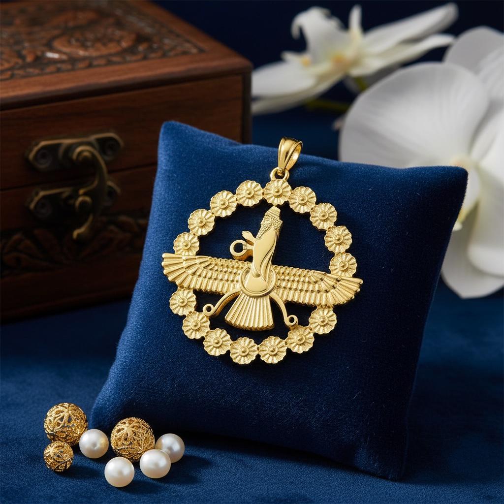 22K Gold Plated Farvahar Pendant on 925 Silver Necklace Ancient Persian Farsi Zoroastrian MiddleEast
