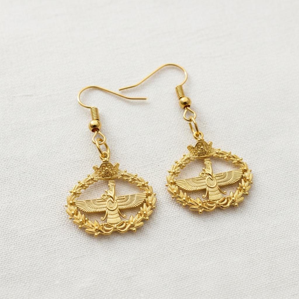 22K Gold Plated Silver Farvahar Earrings, Persian Persia Zoroastrian Pahlavi Crown