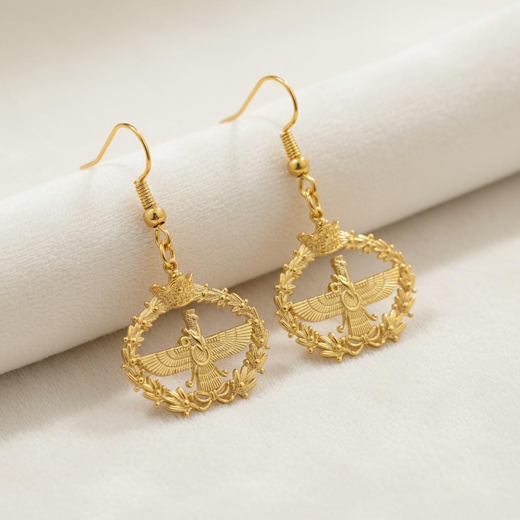 22K Gold Plated Silver Farvahar Earrings, Persian Persia Zoroastrian Pahlavi Crown