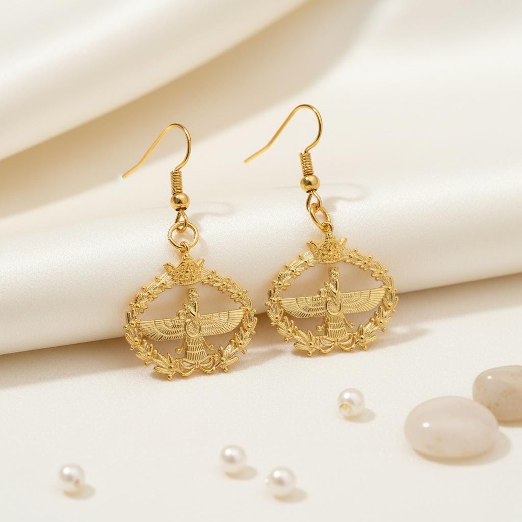 22K Gold Plated Silver Farvahar Earrings, Persian Persia Zoroastrian Pahlavi Crown