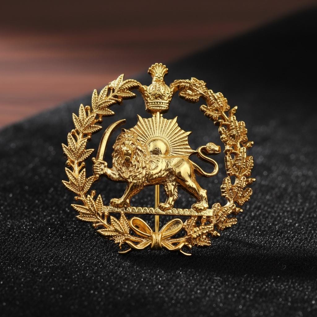 22k Gold Plaited Imperial Pahlavi Lion & Sun Lapel Pin 925 Silver Farvahar Persia Persian Brooch,Made in Turkey