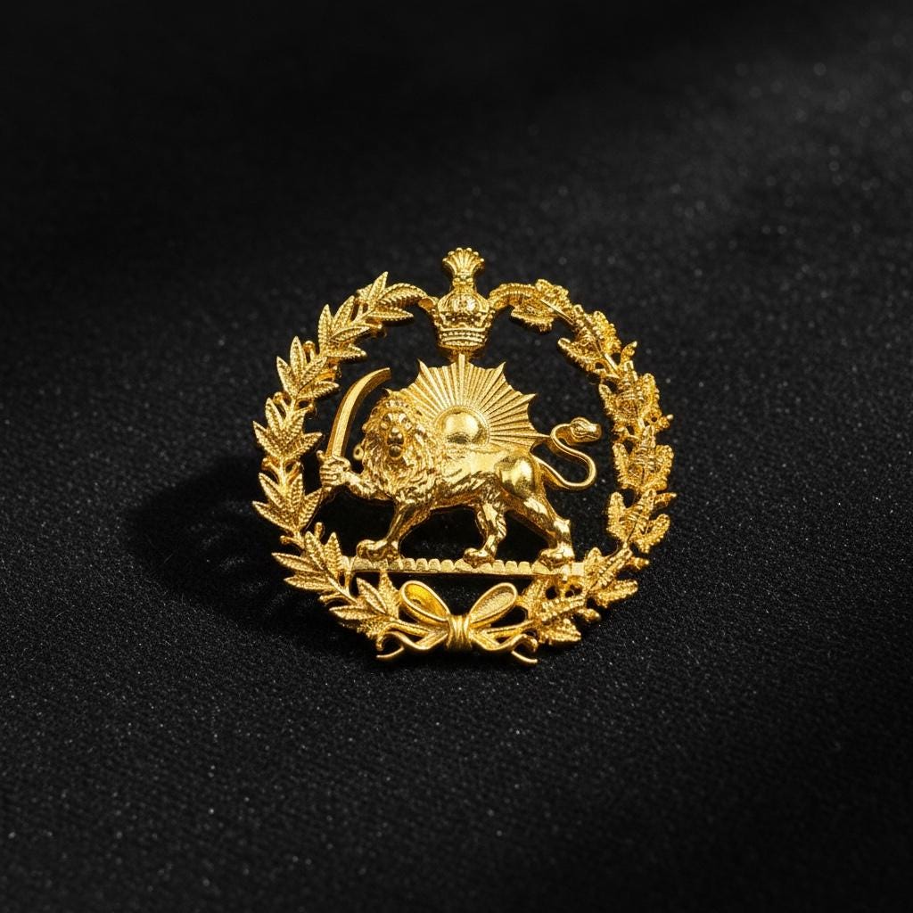 22k Gold Plaited Imperial Pahlavi Lion & Sun Lapel Pin 925 Silver Farvahar Persia Persian Brooch,Made in Turkey