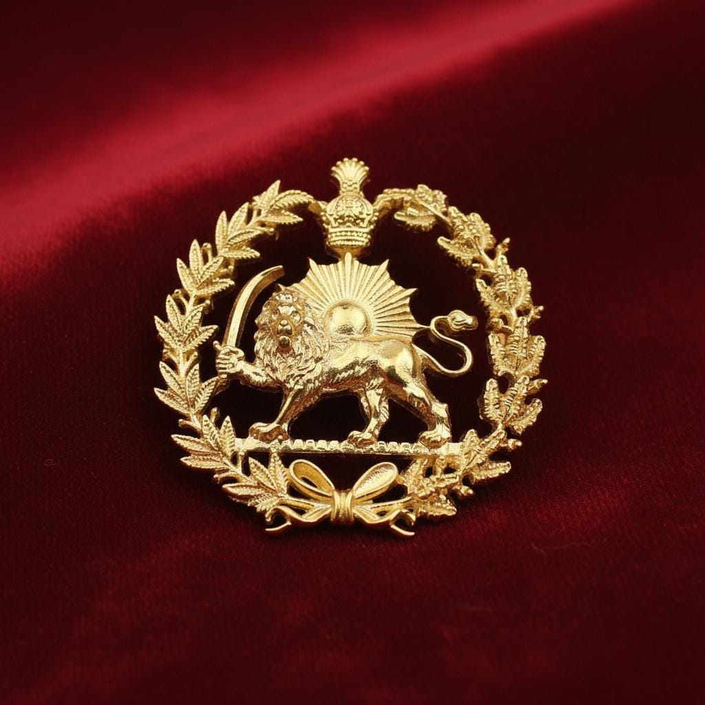 22k Gold Plaited Imperial Pahlavi Lion & Sun Lapel Pin 925 Silver Farvahar Persia Persian Brooch,Made in Turkey