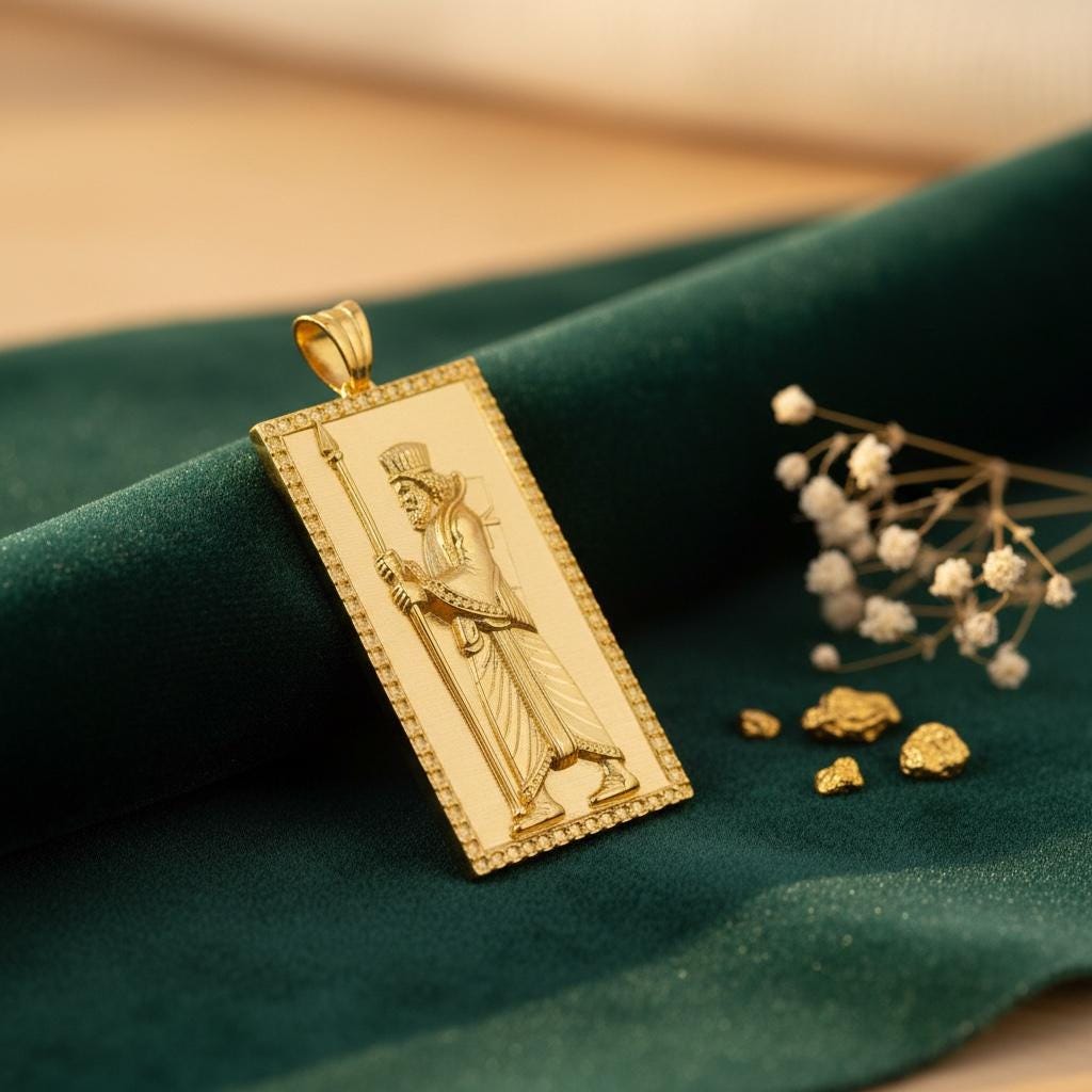 Pahlavi Persian Jewelry 22K Gold Plated Farvahar & Achaemenid Soldier 925 Silver,Farsi
