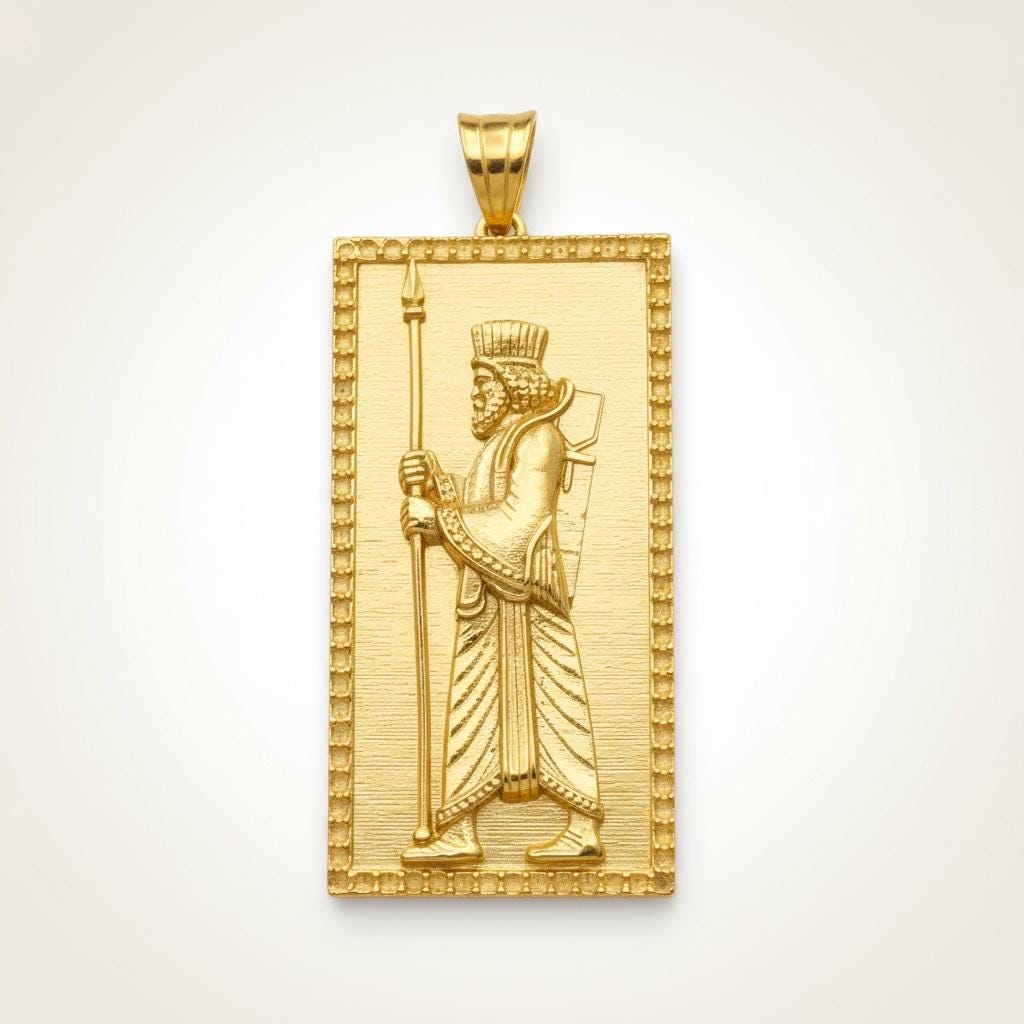 Pahlavi Persian Jewelry 22K Gold Plated Farvahar & Achaemenid Soldier 925 Silver,Farsi