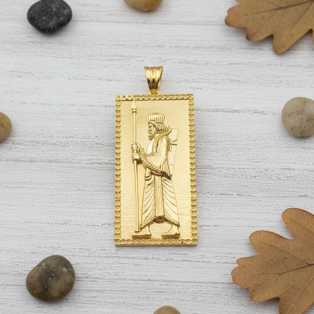 Pahlavi Persian Jewelry 22K Gold Plated Farvahar & Achaemenid Soldier 925 Silver,Farsi