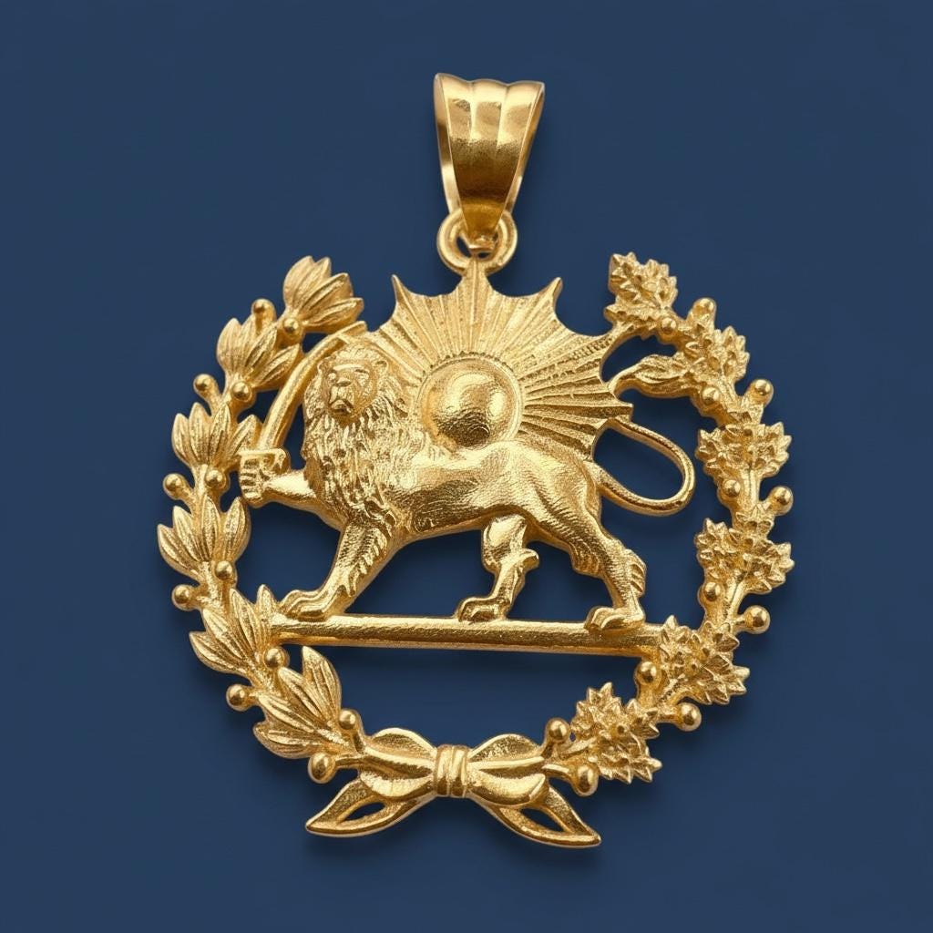 22k Gold Plaited Pahlavi Lion & Sun Pendant: 925 Silver Farvahar Pendant, Made in Turkey