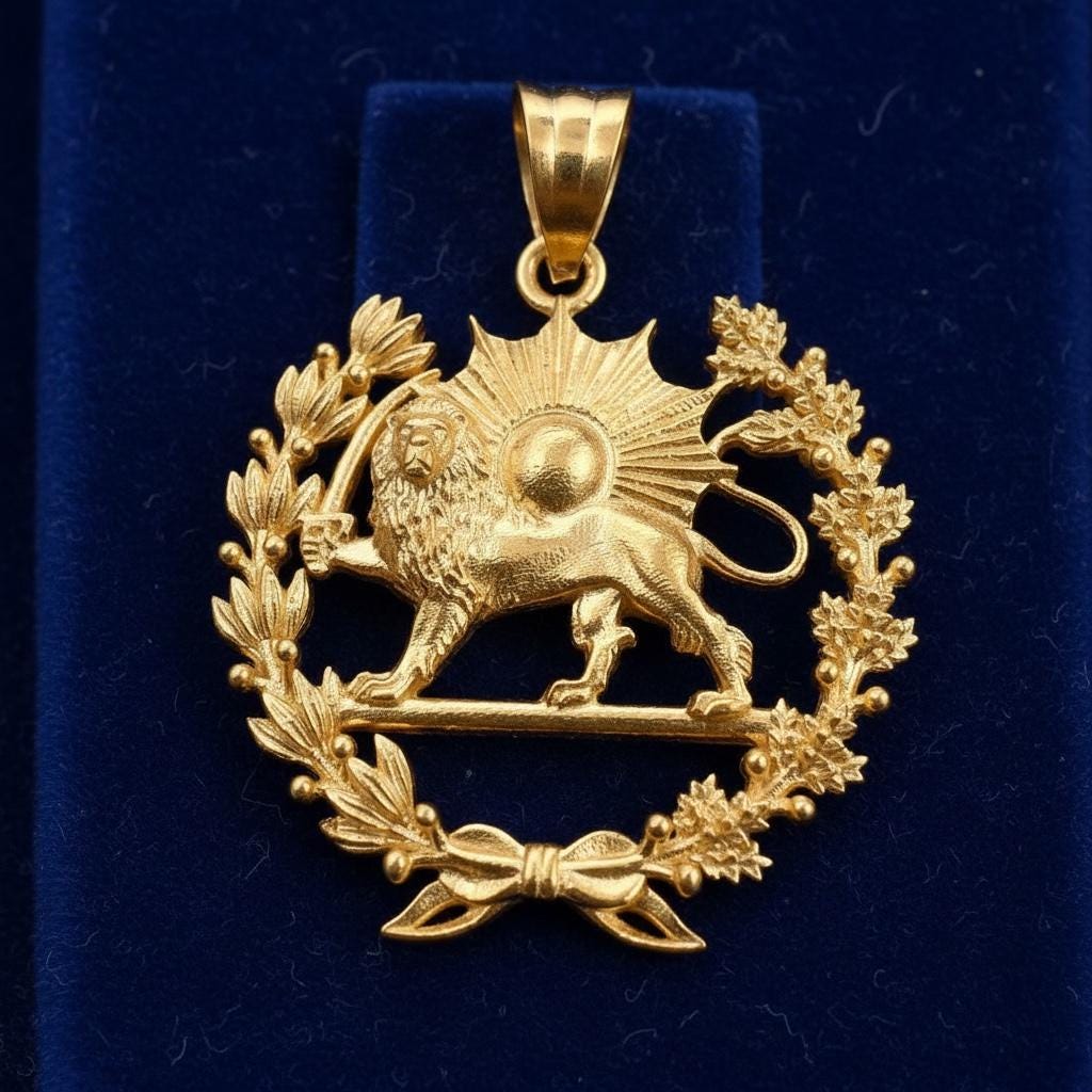 22k Gold Plaited Pahlavi Lion & Sun Pendant: 925 Silver Farvahar Pendant, Made in Turkey
