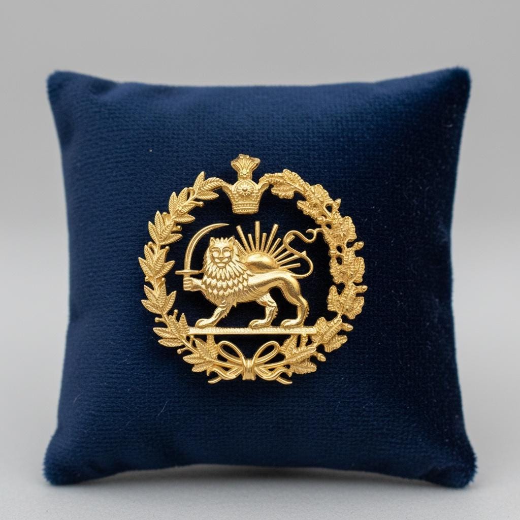 22k Gold Plaited New Reza Pahlavi Lion & Sun Lapel Pin 925 Silver Persia Persian Brooch,Made in Turkey