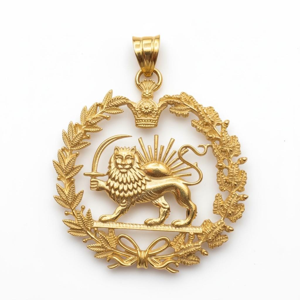 22k Gold Plaited Imperial New Reza Pahlavi Lion & Sun Pendant 925 Silver Persia Persian