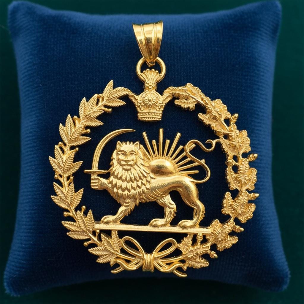 22k Gold Plaited Imperial New Reza Pahlavi Lion & Sun Pendant 925 Silver Persia Persian