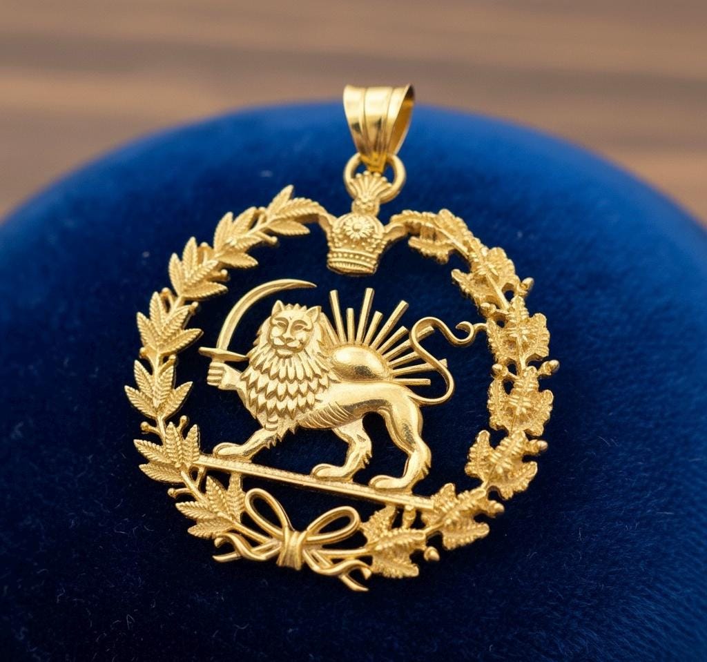 22k Gold Plaited Imperial New Reza Pahlavi Lion & Sun Pendant 925 Silver Persia Persian