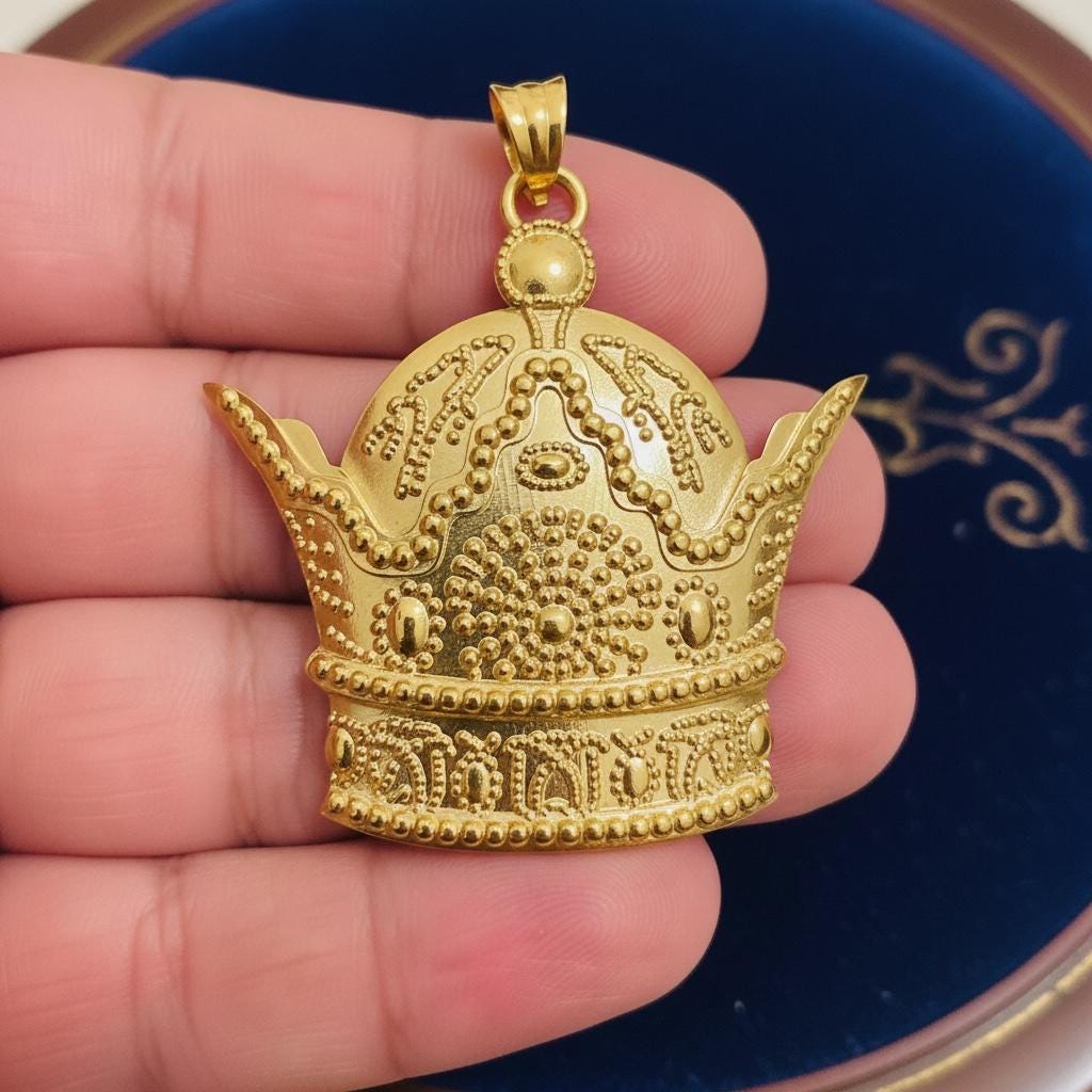 Huge Persian Jewelry Pahlavi Crown Pendant, 22K Gold‑Plated 925 Silver Imperial Style ,Made in Turkey