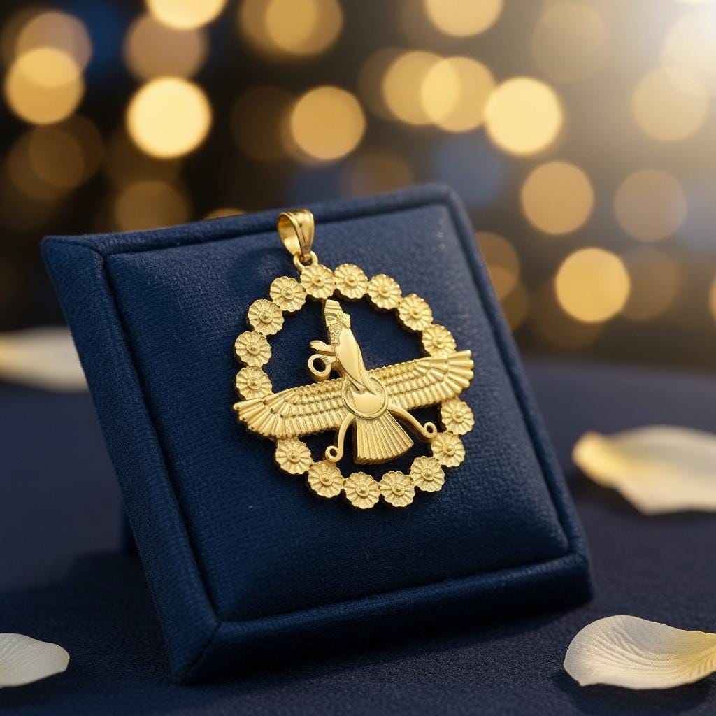 22K Gold Plated Farvahar Pendant on 925 Silver Necklace Ancient Persian Farsi Zoroastrian MiddleEast