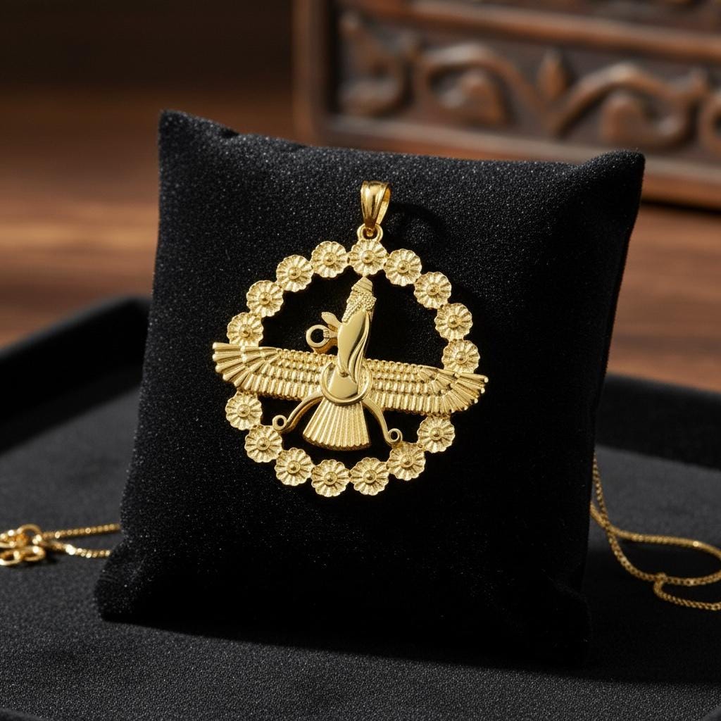 22K Gold Plated Farvahar Pendant on 925 Silver Necklace Ancient Persian Farsi Zoroastrian MiddleEast