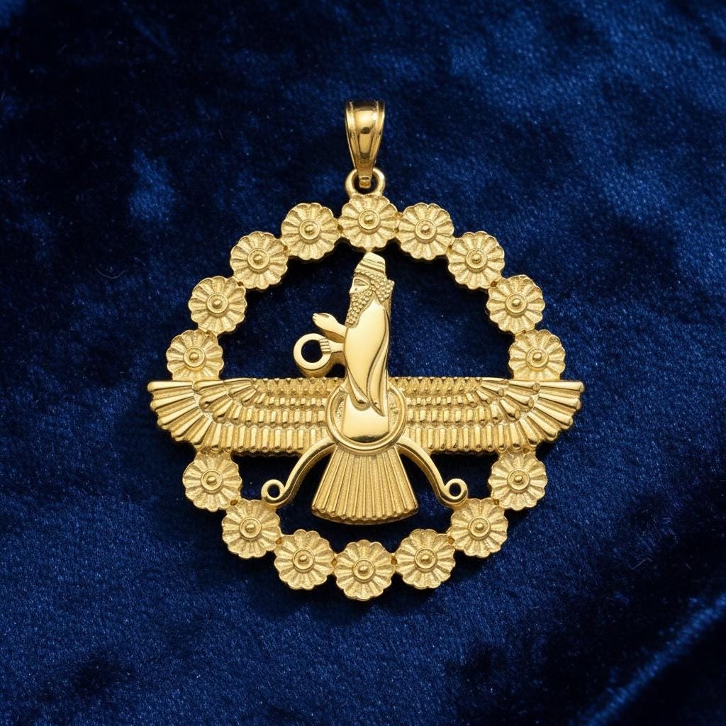22K Gold Plated Farvahar Pendant on 925 Silver Necklace Ancient Persian Farsi Zoroastrian MiddleEast