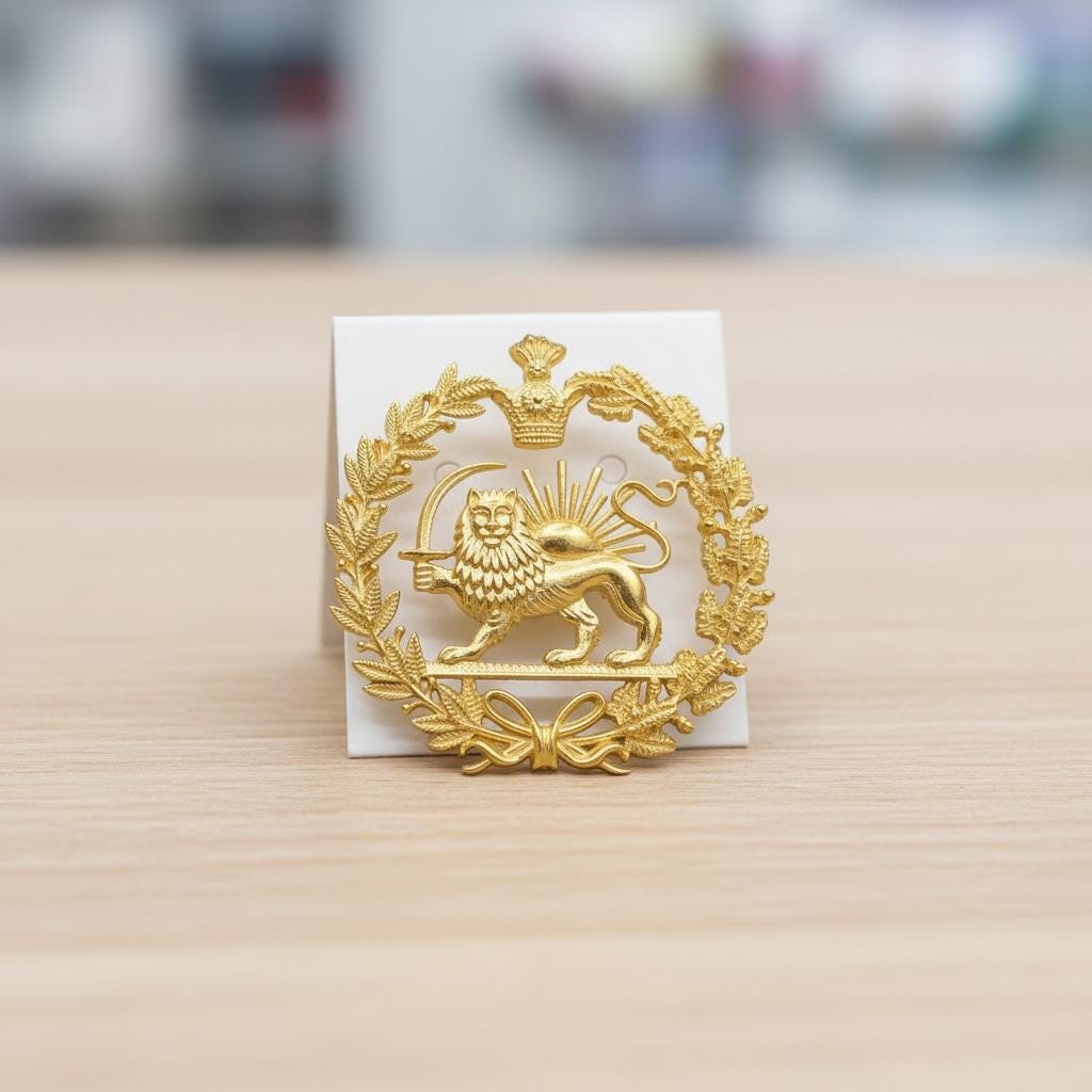 22k Gold Plaited New Reza Pahlavi Lion & Sun Lapel Pin 925 Silver Persia Persian Brooch,Made in Turkey