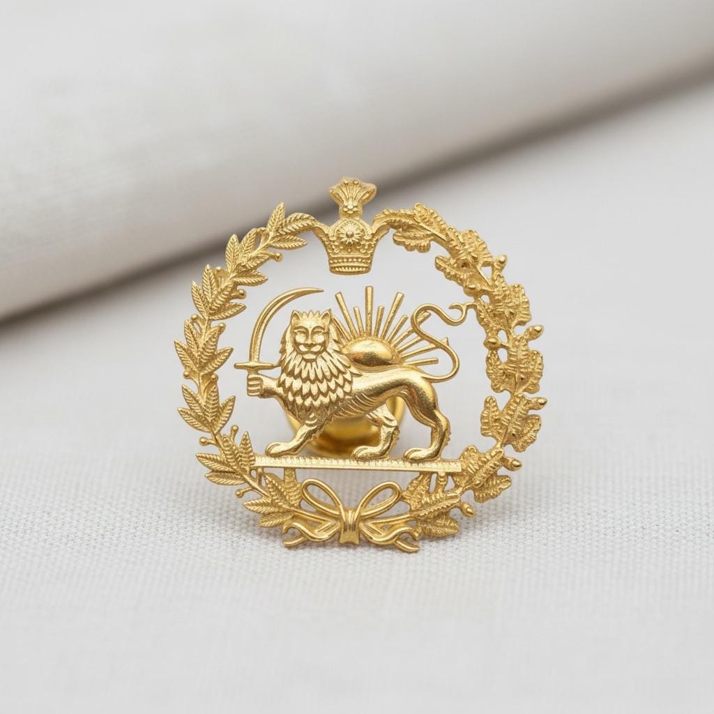 22k Gold Plaited New Reza Pahlavi Lion & Sun Lapel Pin 925 Silver Persia Persian Brooch,Made in Turkey