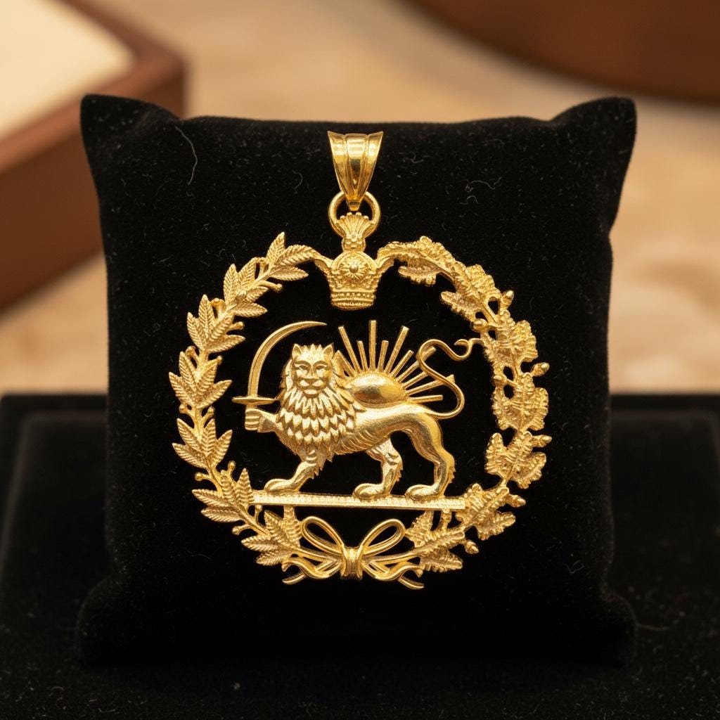 22k Gold Plaited Imperial New Reza Pahlavi Lion & Sun Pendant 925 Silver Persia Persian