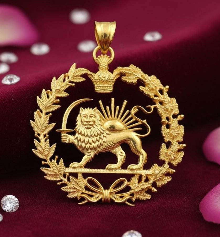 22k Gold Plaited Imperial New Reza Pahlavi Lion & Sun Pendant 925 Silver Persia Persian