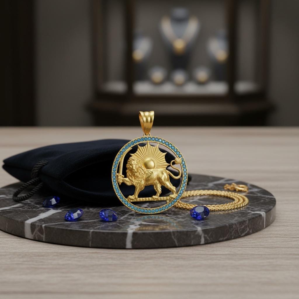 Aquamarine,Garnet  Lion & Sun Pendant 925 Sterling Silver – Pahlavi Persian Imperial Jewelry Pendant,Made Turkey