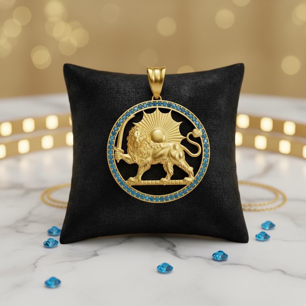 Aquamarine,Garnet  Lion & Sun Pendant 925 Sterling Silver – Pahlavi Persian Imperial Jewelry Pendant,Made Turkey
