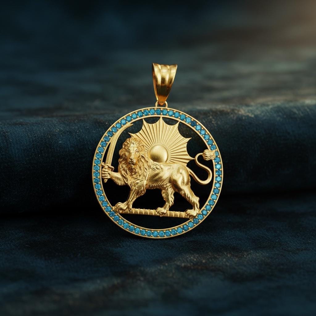 Aquamarine,Garnet  Lion & Sun Pendant 925 Sterling Silver – Pahlavi Persian Imperial Jewelry Pendant,Made Turkey