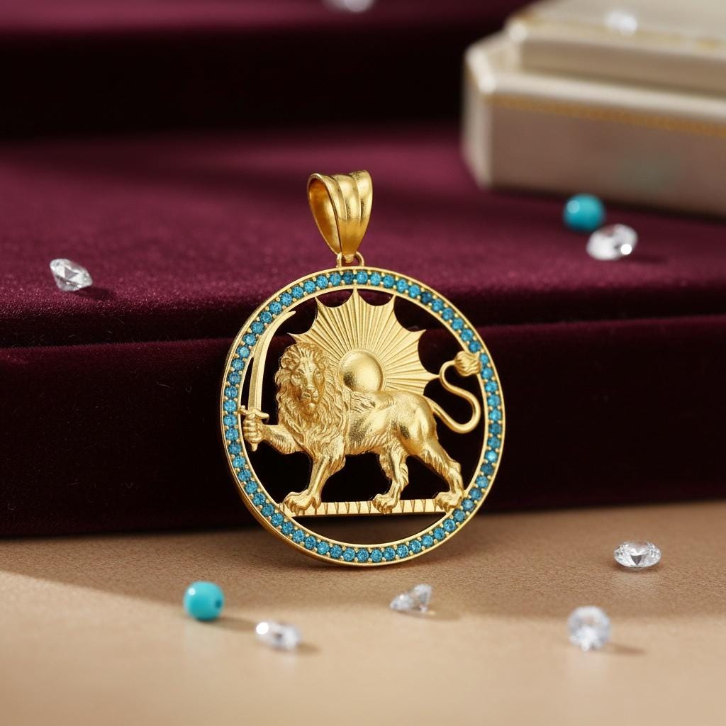 Aquamarine,Garnet  Lion & Sun Pendant 925 Sterling Silver – Pahlavi Persian Imperial Jewelry Pendant,Made Turkey