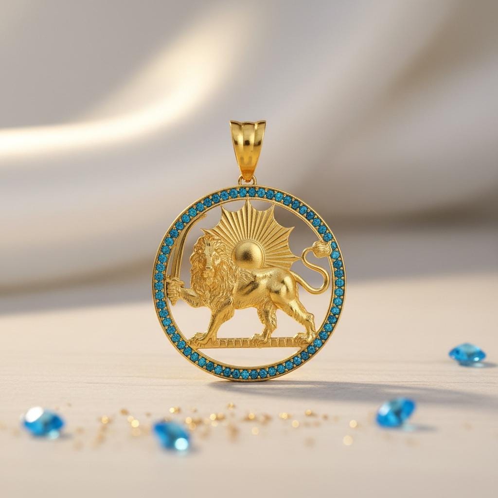 Aquamarine,Garnet  Lion & Sun Pendant 925 Sterling Silver – Pahlavi Persian Imperial Jewelry Pendant,Made Turkey