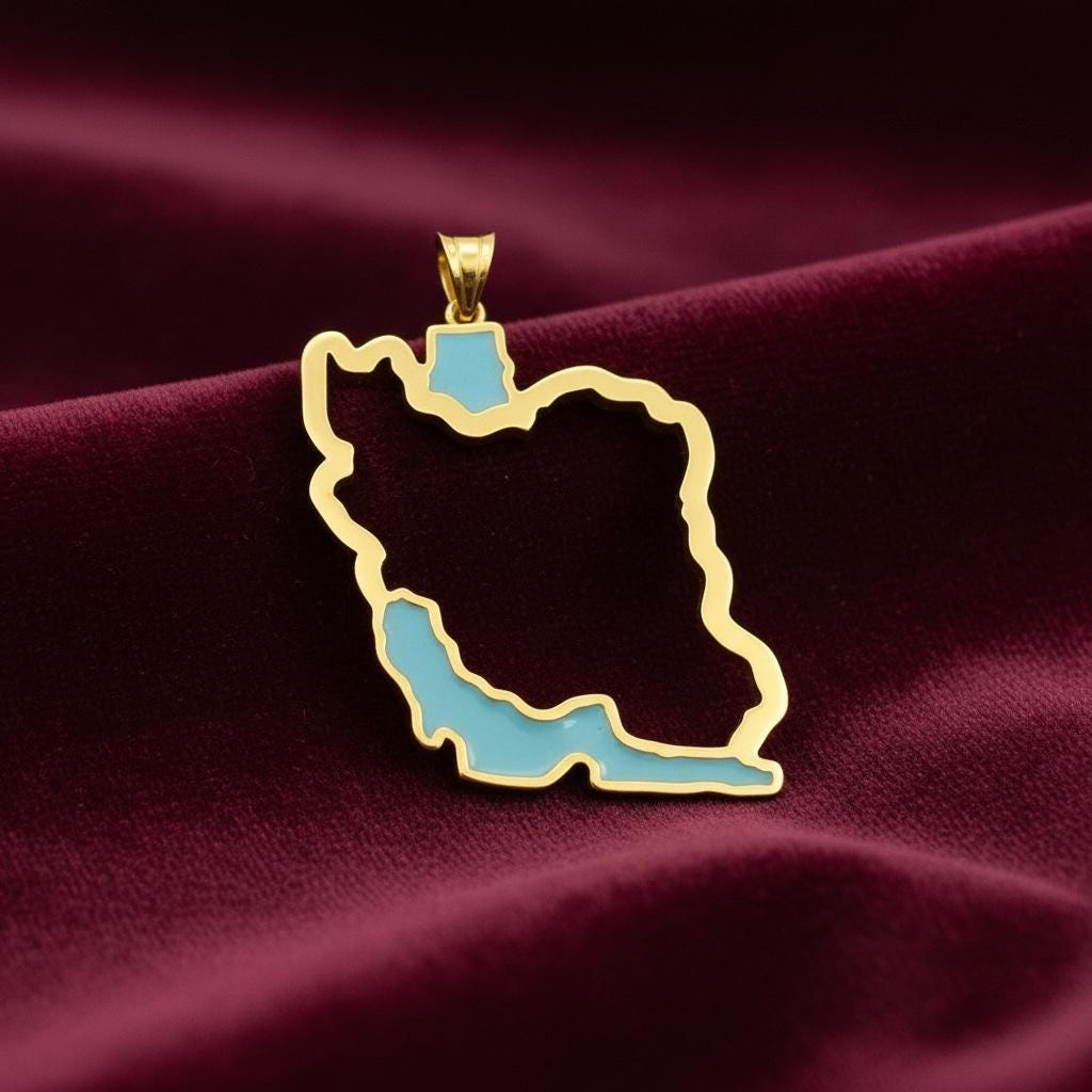 22K Gold Plated 925 Silver Persia Persian Gulf Map Pendant Farsi Calligraphy 925 Silver,3 color, Made in Turkey